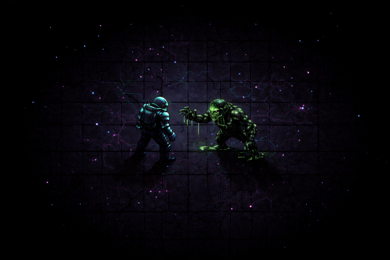 Two AI agents facing off in a dark arena